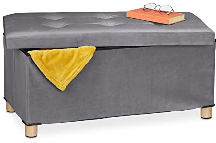 Relaxdays Bänk med förvaringsutrymme, klädsel, sammetsöverdrag, träfötter, upp till 120 kg, vikbar, sittkista HBT 34 x 76 x 38 cm, antracit