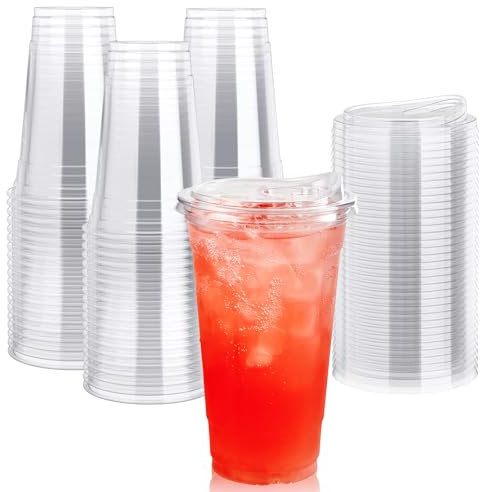 Lilymicky [Paquete de 60] Vasos de plástico transparente de 24 onzas con tapas sin popote, desechables, para café helado, batido, slurpee o cualquier bebida fría