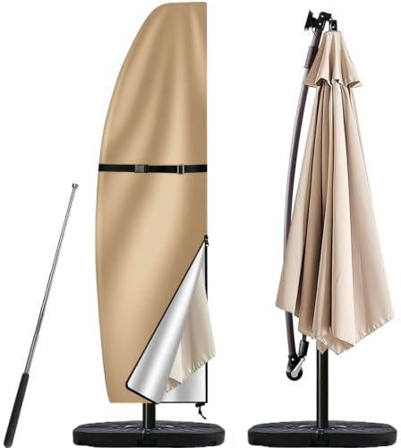 Teynewer Parasol Cover Waterproof, Cantilever Parasol Protective Cover with Telescopic Pole and Zipper Fit for 1 to 3 m Large Umbrella Patio Parasol Weatherproof UV-Anti Windproof, Khaki