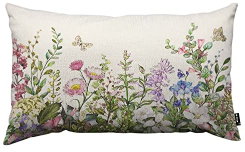 TKS MITLAN Wild Flowers Leaves Throw Pillow Case Cushion Cover Botanical Spring Watercolor Herbs Decorative Throw Pillow Covers Linen Cushion Case for Sofa Couch