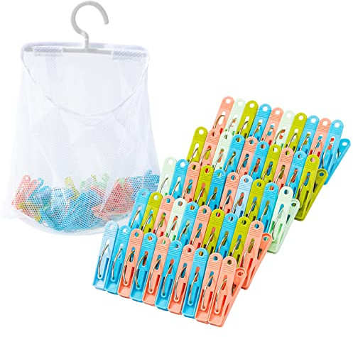 Jophaiipy Plastic Clothes Pins Heavy Duty Outdoor,Colored Clothes Pins with Mesh Clothespin Bag,50-Pack and Bag Heavy Duty for Laundry Clips