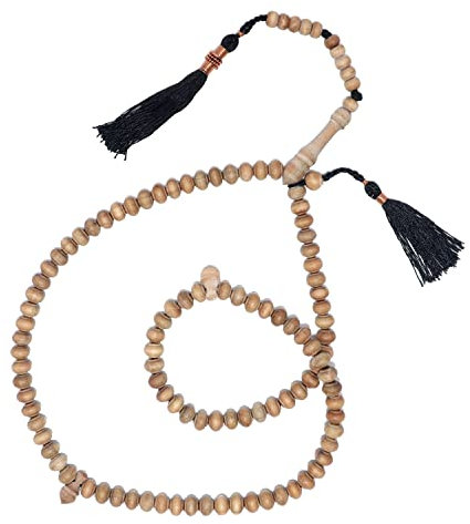 Sandelholz-Gebetsperlen – 7 mm – konturierte Perlen Sandelholz Tasbih Gebetskette mit kupferschwarzen Quasten, Holz