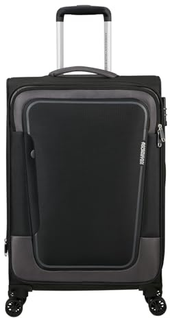 American Tourister Pulsonic - Spinner M, Erweiterbar Koffer, 68 cm, 64/74 L, Schwarz (Asphalt Black)