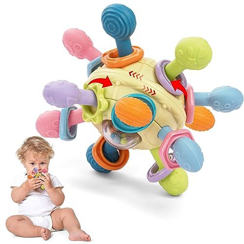 HOTUT Baby Beißspielzeug, Greifball Babyspielzeug aus Silikon, Sensorik Rassel Beißspielzeug Baby ab 3 Monate, sensorische BeißringSpielzeug, Montessori MotorikSpielzeug, Geschenk für 3-18 Monate