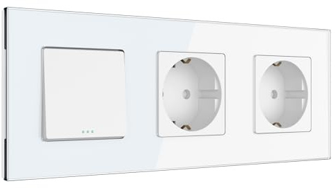 PULSAR Wechselschalter/Steckdose mit Kindersicherung x2 Glas Weiß 3-Fach | Steckdose Doppelt mit Wechselschalter 3-Fach Glas Weiß - Lichtschalter Unterputz mit 2x Wandsteckdose mit Kindersicherung 16A