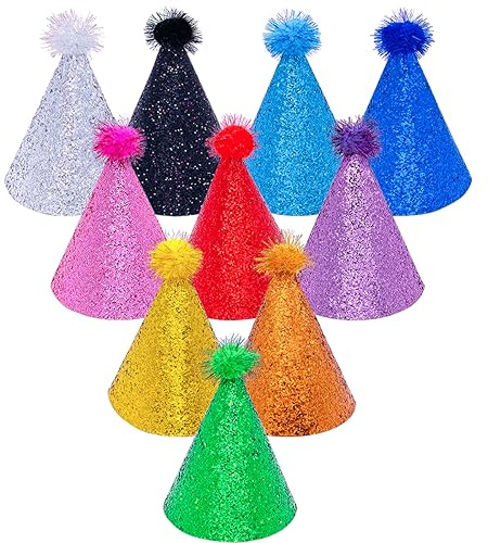 JpGdn 10 Pcs Pack Cone Party Hat with Adjustable Headband Glitter Reusable Happy Birthday Hats Children Birthday Supplies Decorations Pom-pom Party Hats for Kids Adults