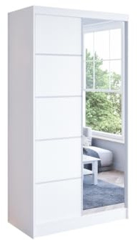 Easy4You N3 100 cm White Sliding Doors Wardrobe 100 x 200 x 58 cm with Mirror - Bedroom Furniture, Storage - Multi-Purpose Cabinet