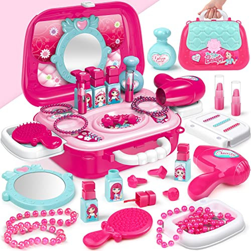 Dreamon Maletin Maquillaje Niñas, Juguetes para Niñas, Kit Maquillaje Niña 2 en 1, Juego de rol, Estuche de Joyería y Bolsa de Cosméticos para 3 Años
