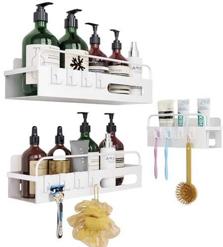 Uamector Lot de 3 étagères de Douche sans perçage en Acier allié pour Gel Douche avec 12 Crochets et 8 Coussinets en Silicone