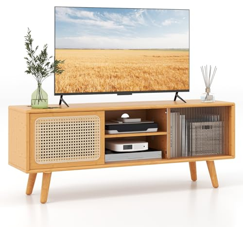 KOMFOTTEU Fernsehtisch TV-Schrank aus Bambus & Rattan, Fernsehschrank für TV bis zu 55 Zoll, TV Lowboard mit 2 Offene Trennwände & Glas Schiebetür, Fernseher Konsole 120,5x31x45,5 cm