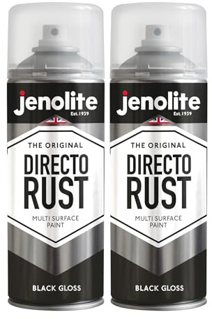 JENOLITE Directorust Spray Paint Black Gloss 2 x 400ml Direct To Rust | Multi-Surface Spray Paint for Metal, Wood, Plastic, All-In-One Primer, Undercoat and Topcoat for Interior & Exterior use