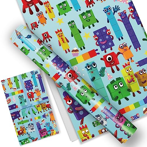 HOOKTA 5 Stück Blocks Number Geschenkpapier 51 x 75 cm Kraftpapier Bausteinspielzeug Geschenkpapierbögen für Kindergeburtstage Party Festliche Dekoration (Hellblau)