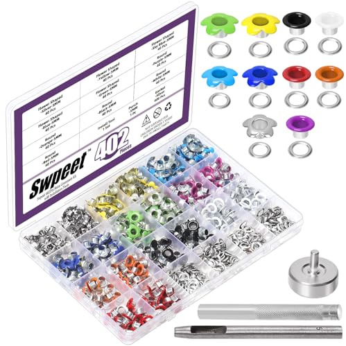 Swpeet 403pcs 10 couleurs 3/16 fleurs métalliques et oeillets ronds avec kit de combinaison d'outils de montage, oeillets métalliques multicolores et oeillets kit pour armes à feu