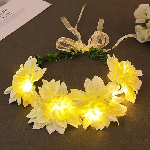 Fashband LED-Blumenkronen-Stirnbänder, beleuchteter Blumenkranz, Festival-Kopfschmuck, Halloween, Party, Kopfschmuck für Frauen (gelb)