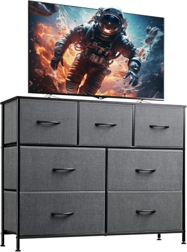 WLIVE Kommode mit Schubladen, komode Schlafzimmer mit 7 Stoffschubladen | Kommoden & Sideboards mit Stabiler Stahlrahmen, Breites TV-Möbel mit Holzplatte, Einfach zu Montieren, Dunkelgrau