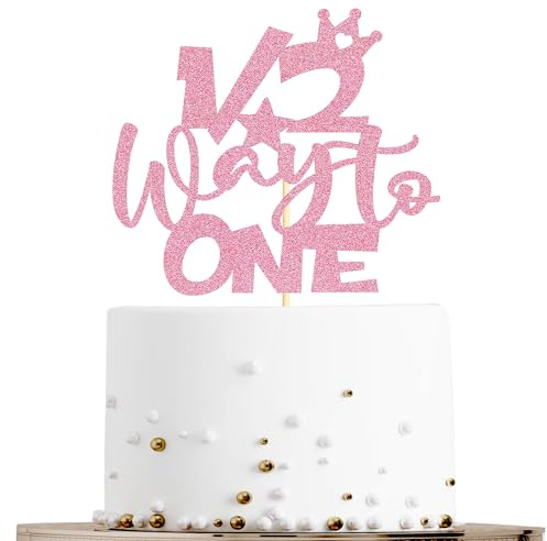 Sotpot 1PC Half Way To One Cake Topper Pink Glitter Cake Decoration for Baby Half Year Old Half Birthday Gender Reveal Party Supplies