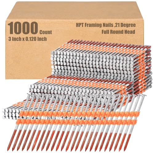 Therwen 1000 Count 21 Degree Framing Nails Full Round Head Collated Framing Ring Shank Hot Dipped Galvanized Nails Plastic Row Fixed for All Pressure Treated Lumber (3 Inch X 0.120 Inch)