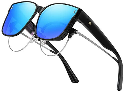 DUCO Fit über Sonnenbrille für Männer Frauen tragen über Brille Retro Wrap Around polarisierte Sonnenbrille UV400 Schutz (B-Schwarz Rahmen Revo Blau Linse)