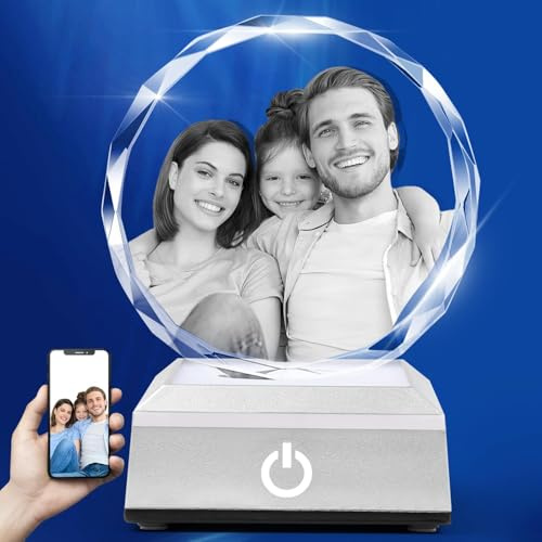 Gravierte Kristall Foto Custom, Personalisierte Lasergravur Herz Kristallbild mit bunten LED Basis für Jahrestag Weihnachten Geburtstag, Customized Glas Foto Geschenk für Männer Frauen Ihn Ihr