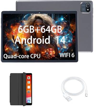 Tableta Android Para Niños de 10 Pulgadas, Procesador de Cuatro Núcleos a 1,6 GHz, 6 GB de RAM, 64 GB de ROM, Pantalla Táctil HD de 1280 x 800, Cámara Dual, WiFi, BT5.0, Batería de 6000mAh, Funda