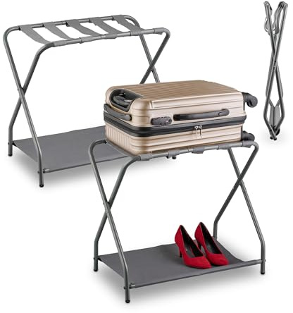 Relaxdays Set 2 Portavaligie da Camera, Stand Pieghevole Reggivaligia, Porta Valigie Hotel, 58x66x38 cm, Acciaio, Grigio