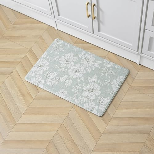 Laura Ashley - Anti-Fatigue Kitchen Mat, Iris Floral Design, Stain, Water & Fade Resistant, Cooking & Standing Relief, Non-Slip Backing, Measures 17.5 x 32, Sage Green Iris