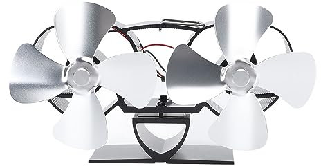 Vomeko 4 Blade Heat Powered Stove Fan,Stove Fan, Aluminum Alloy Dual H EAD Fireplace Fan for Replacement (Silver)