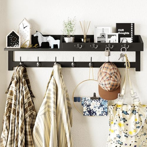 AMBIRD Wandgarderobe 89cm - Große Wandkleiderhaken, Eingangsregal mit 7 Doppelhaken, Post- und aus Holz, Wandmontiert (Schwarz)