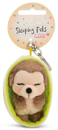 Llavero Sleeping Pets Erizo de 8 cm en cestita, Color marrón, acompañante Fiel para Mochila o Bolso, para niños y Personas Adultas, 61603
