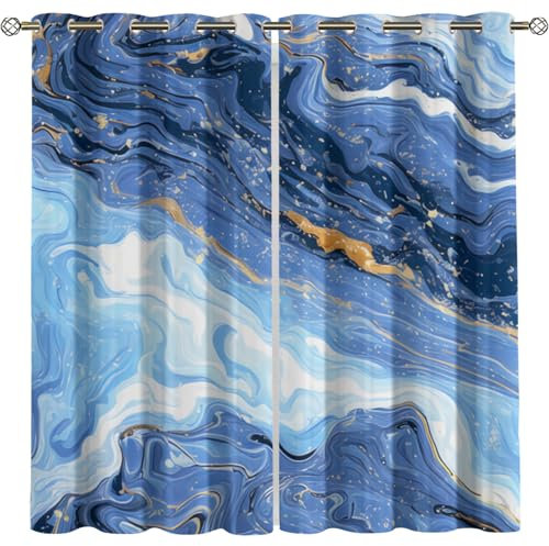 Kinder Gardinen Kinderzimmer Junge Mädchen Blickdicht Weiß-Blaue Farbverlauf-Wellenstruktur 140X160Cm 2Er Set Verdunkelungsvorhang Thermovorhang Hitzeschutz Vorhänge Wohnzimmer Schlafzimmer Vorhäng