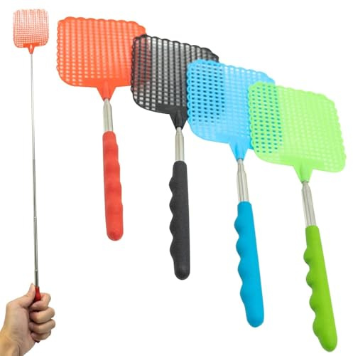 Lot de 4 tapettes à mouches, extensibles, télescopiques, manuelles, anti-nuisibles, anti-moustiques, pour moustiques, mouches et insectes, multicolore