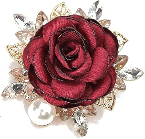 Rose Brosche, Rosenbroschen für Damen und Herren, Elegant, Handgefertigt, Rosen Brosches, Anstecknadel Rosen, Strass Perle Stoff Brosches, Kleid Zubehör für Party, Tanz, Bankett/Rotwein