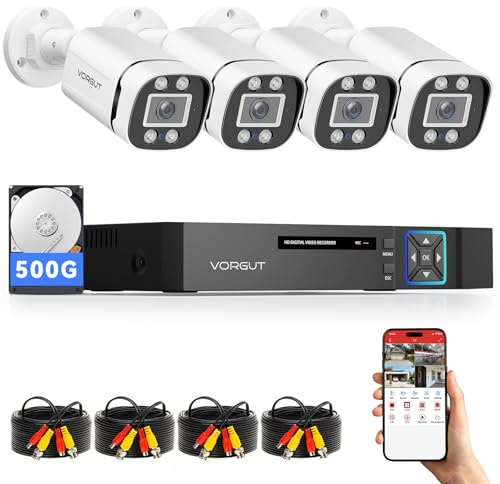 VORGUT Wired Security Camera System Outdoor, 4 Channel 5MP Lite AHD TVI DVR Recorder with 500G HDD, 4pcs Wired Surveillance CCTV Bullet Camera Indoor Outdoor, Smart Motion Detection, Night Vision