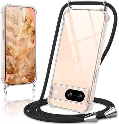 Coiwxmoi Coque avec Cordon pour Google Pixel 8,Collier Réglable Téléphone Étui Portable Lanyard Case Transparent Ultra Souple Silicone TPU Housse Antichoc Protection Cover pour Google 8 5G 6,17,Noir