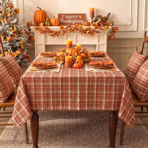 Softalker Large Autumn Table Cloth 140x240 cm (55x94 inch) Orange Tartan Tablecloths Wipe Clean Tablecloth Outdoor Table Cover Decoration for Halloween Coffee Birthday Party Garden Buffet Tabletop
