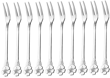 POPETPOP 10pièces Fourchettes Fruits Inox à Deux Dents Réutilisables Compactes Et Légères Pour Dessert Salade Apéritif Et Buffet