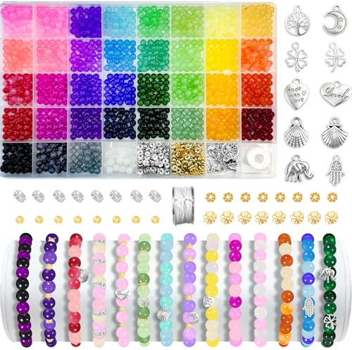 ReePlan Glasperlen Set 1300 Stück, 6 mm Perlen für Armbänder in 36 Farben, Bastelperlen aus Glas für Schmuck DIY, Ideal für Halsketten, Freundschaftsarmbänder, Schlüsselanhänger