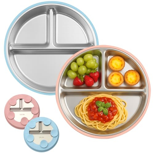 kelav Piatto con Ventosa per Bambini, 2 Pezzi Piatti in Acciaio Inox Bambini 21CM, Piatto Svezzamento con Ventosa, Antiscivolo Piatti Divisi per Alimentazione Autonoma