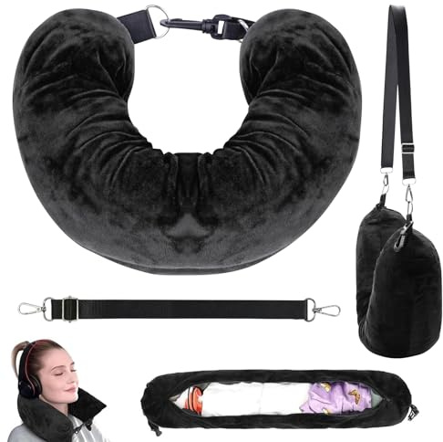 kcrnw Stuffable Neck Pillow for Travel Adjustable Soft Neck Pillow Stuff with Clothes Travel Multifunctional Fillable Storage Bag Set for Essentials Car Train Plane Black