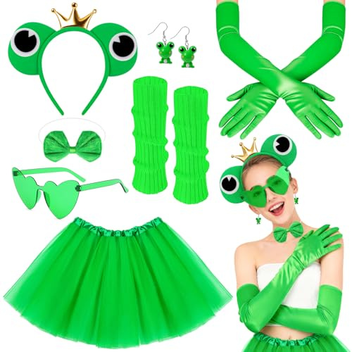 Jokureao 7Stück Frosch Kostüm Set für Erwachsene und Kinder, Karneval & Halloween Frosch Kostüm mit Haarschmuck, Ohrringe, Herzbrille, Handschuhe, Tutu, Frosch Kostüm Damen für Fasching & Karneval
