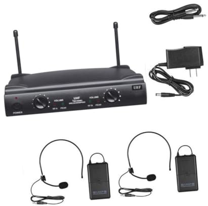 LALADEFIEE Sistema de Micrófono Inalámbrico UHF de Doble Canal con Transmisores de Cuerpo y Auriculares Receptor con Control de Volumen y Salida XLR para Karaoke y Eventos Profesionales