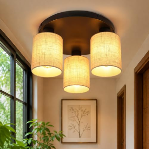 Glitzerlife Deckenlampe 3 Flammig Deckenleuchte Flur Schlafzimmerlampe | Vintage E27 Rund lampe Stoffschirm Schwarz Boho Retro Rustikal Wohnzimmer Küche Esszimmer Ohne Leuchtmittel