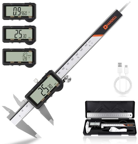 HARDELL Rechargeable Digital Caliper 150mm/6 Inch, Stainless Steel Vernier Caliper with Inch/MM/Fraction Conversion & Zero Reset Function, Precision Measuring Tool for Woodworking, Automotive & DIY
