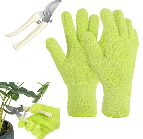 Grevosea 1 Pairs Plant Dusting Gloves with 1 Garden Shear, Microfiber Gloves Household Cleaning Glove Washable Reusable Mittens Glove for Plants House Cars Blinds Dusting Furniture and Small Objects