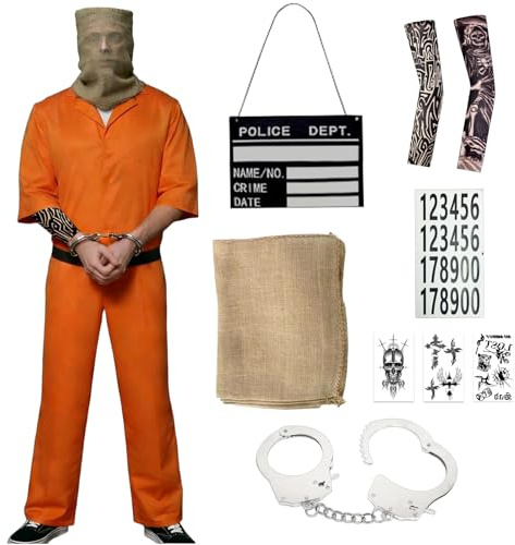 Mino Plus Prisoner Costume Men Frau,Häftling Kostüm Gefängnis Oranger Overall mit Informationstafel,Handschellen, Aufkleber,Tattoo Ärmel,Jutesäcke,für Cosplay Halloween Karneval Costume (A, M)