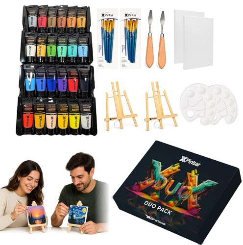 Kit Pintura Acrílica con 2 Caballetes 2 Lienzos 24 Colores de 35 ml 12 Pinceles 2 Espátulas y 2 Paletas para Parejas Adultos Regalo Creativo Manualidades Arte Decoración y Ocio en Casa y Eventos DIY