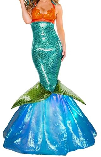 Meerjungfrau Kostüm Damen Pailletten Langer Rock Damen Glitzer Kleid Meerjungfrauenflosse Print Mermaid Kostüm für Karneval Unterwasserwelt Strand Cosplay Kostüme