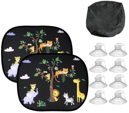 2 parasoles para bebés con protección UV, 44 x 36,5 cm, toldos para ventanas laterales, coche, para niños, con 8 ventosas y bonitos diseños de animales del bosque, toldos de coche