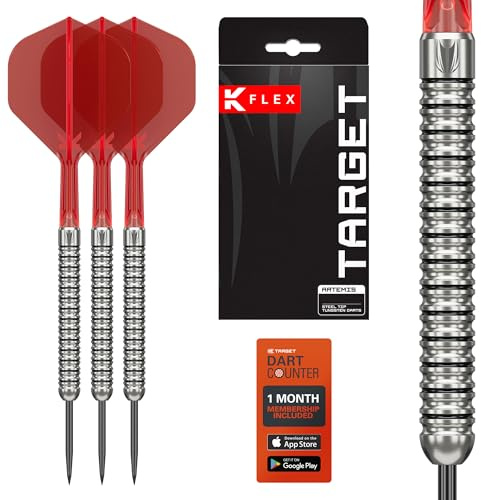 Target Darts Artemis 21G/22G/23G/24G/25G/26G Wolfram-Stahlspitzen-Darts-Set – 6 Pro-Grip-Schaft – 9 Pro-Ultra-Flügel – Dart-Geldbörse – Dart-Counter-App-Gutscheinpaket
