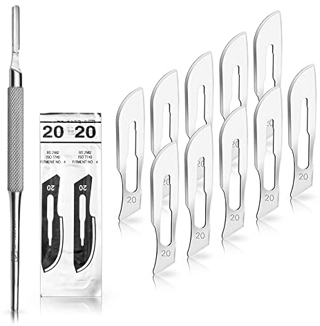 May Skalpell-Set runder Griff 10 Klingen Figur 20 | Ergonomischer runder Edelstahl-Griff kombiniert mit 10 kräftigen Karbonstahlklingen. Ideal für Bastelarbeiten & Modellbau.
